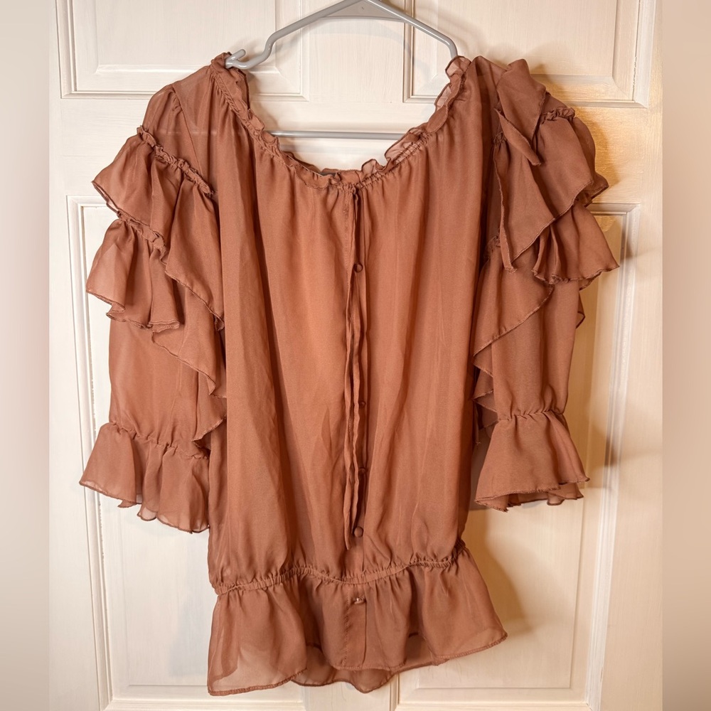 Umgee Layered Ruffle Blouse in Warm Brown